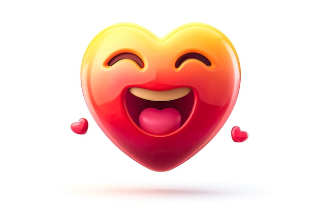 3d happy emoji red cartoon heart with big smile with two smaller pink heart on white background