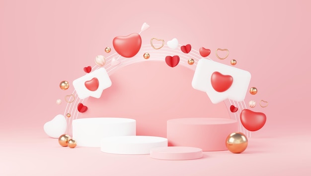 3D Happy Valentines Day Minimal love scene with display podium for mockup and product presentation