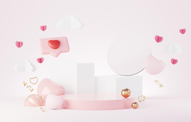 3D Happy Valentines Day Minimal sweet love scene with podium for mock up and brand presentation