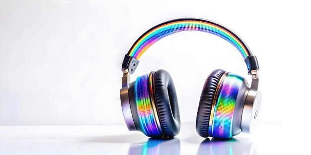 3D Headphones with Holographic Sound Waves and Copy Space on White Surface