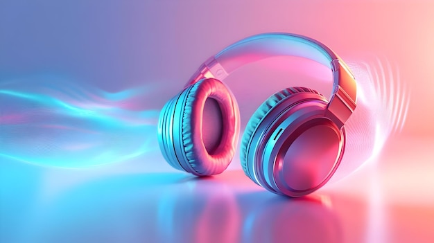 3D Headphones with holographic sound waves emanating concept as A pair of headphones rest on a white