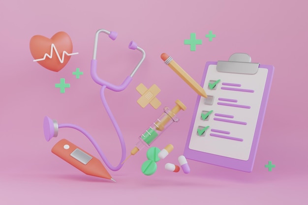 3D Health insurance concept surrounded by a syringe, thermometer, band, stethoscope and pills.