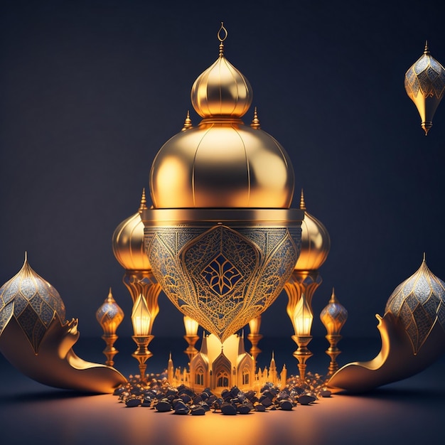 3D heart of Ramadan kareem eid mubarak royal elegant lamp with mosque holy gate with fireworks