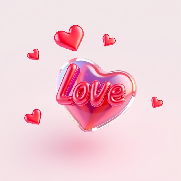 Photo 3d heart with love word and small hearts on a