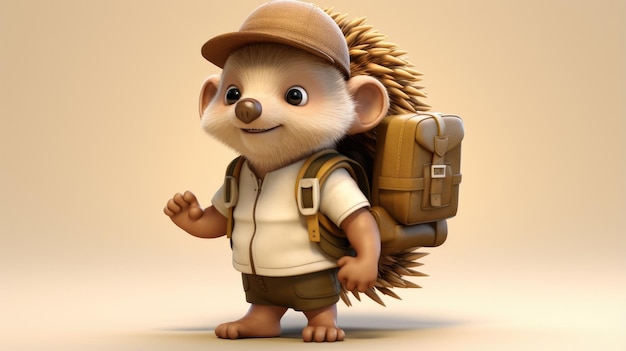 A 3D hedgehog explorer wearing a safari hat and carrying a tiny backpack