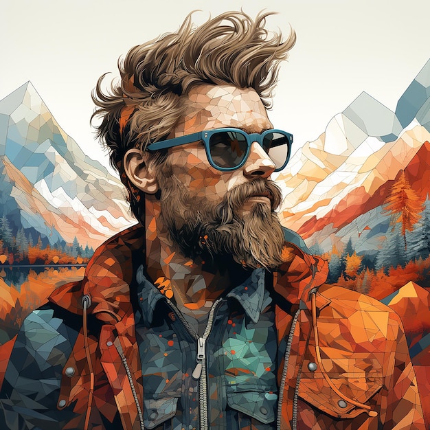 3D Hipster Portraits in Piet Mondrian Style on White Background