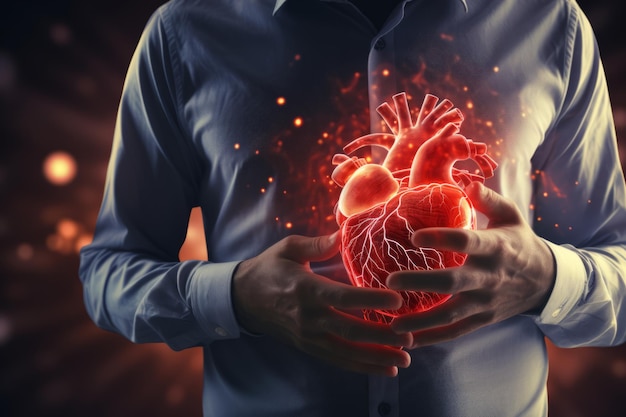 3D hologram of a heart against a human silhouette studying heart disease using AI AI in developing treatments for heart disease Biotechnology biomedicine Copy space