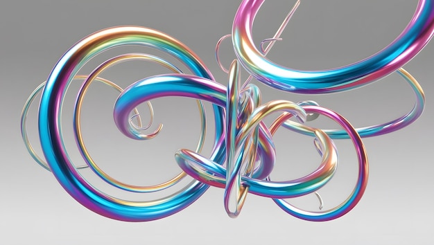 3D Holographic Abstract Floating Intertwined Rings and Spirals in Rainbow Hues