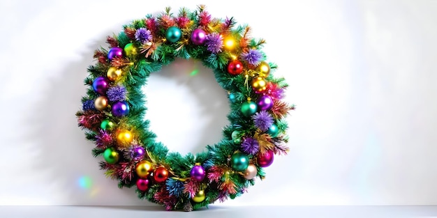 3D Holographic Christmas Wreath Design Isolated Icon with Colorful Decorations for Holiday Joy Ha