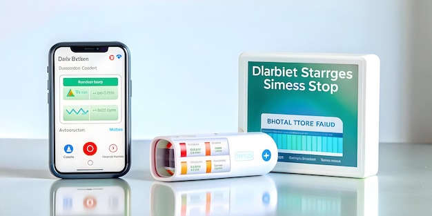 3D Holographic diabetes care app and blood sugar test strips concept as A sleek and glossy image fea