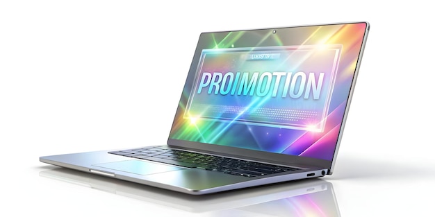 Photo 3d holographic laptop mockup with floating promotion banner modern design on glossy white backgroun