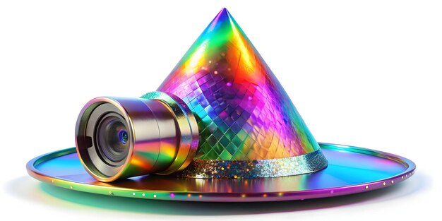 Photo 3d holographic party hat concept isolated colorful design celebrating new year 2025 with vibrant p