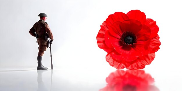 3D Holographic poppy and soldier silhouette with copy space concept as A contemporary image featurin