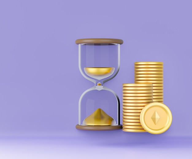 3d hourglass with gold coins icon on purple background. 3d rendering illustration