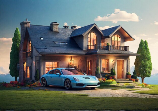 3d house with new car