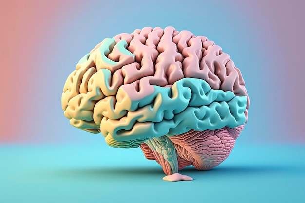 3d human brain pastel colors on blue background Generative AI