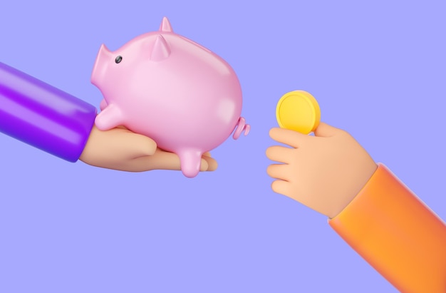 3d human hand holding Piggy bank and hand putting money into it