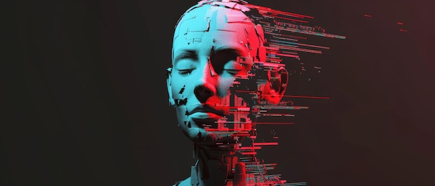 A 3D human head with a digital glitch effect illustrating the disorienting impact of