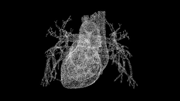 Photo 3d human heart on black bg cardiovascular system human body object dissolved flickering particles scientific medical concept for title text presentation 3d animation