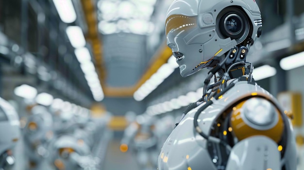 A 3D humanoid robot working in an automated factory representing futuristic modern technology