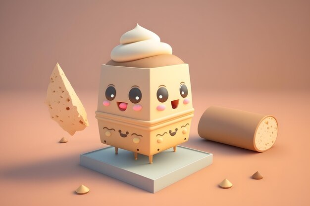 A 3d ice cream cone with a face and eyes on it.