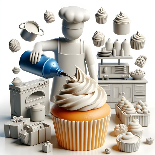 Photo 3d icon as baker frosting glossy cupcakes for a world food day party concept as camera movement zoom