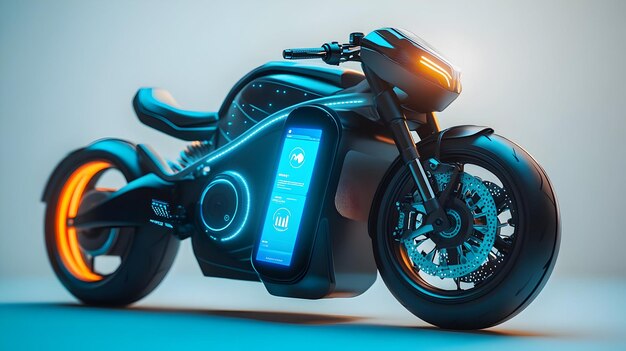 Photo 3d icon as electric motorcycle and fitness app concept as an electric motorcycle paired with a fitne