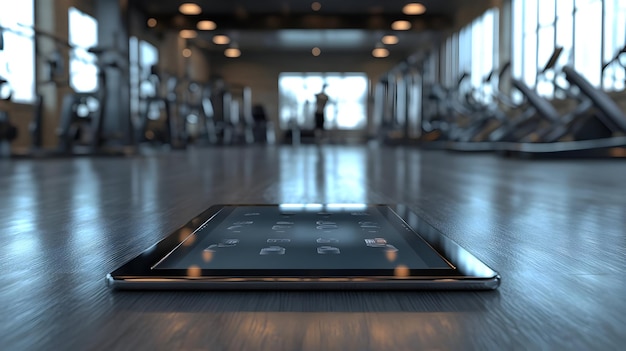 Photo 3d icon as fitness trainer using a glossy fitness app on a tablet in a gym concept as camera movemen