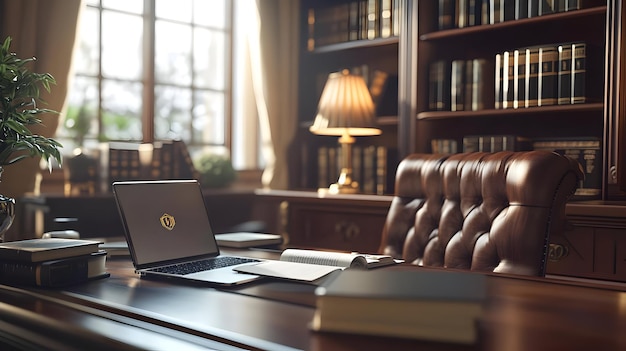 Photo 3d icon as lawyer reviewing documents on a glossy laptop in an office concept as camera movement sli