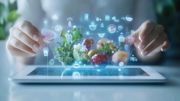 Photo 3d icon as tablet with holographic ai food guide and world food day icons concept as camera movement