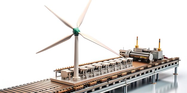 Photo 3d icon as wind turbine and assembly line concept as a wind turbine paired with an assembly line rep