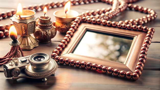 Photo 3d icon border frame with oil lamp and jewelry for dhanteras with copy space concept as camera movem