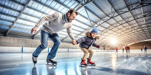 Photo 3d icon of candid father and child ice skating at winter rink heartwarming joyful moment captured i