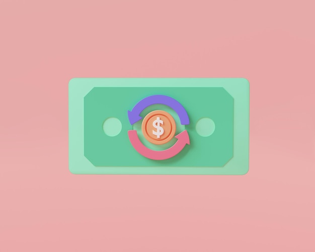 3D icon cashback money refund with transfer arrow icon isolated on pink background online payment money transfer dollar bill banknotes finance investment 3d render illustration cartoon minimal