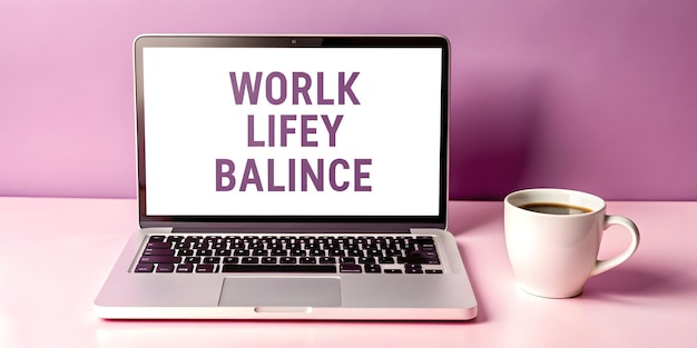 Photo 3d icon coffee mug and laptop featuring work life balance text in a border frame with copy space