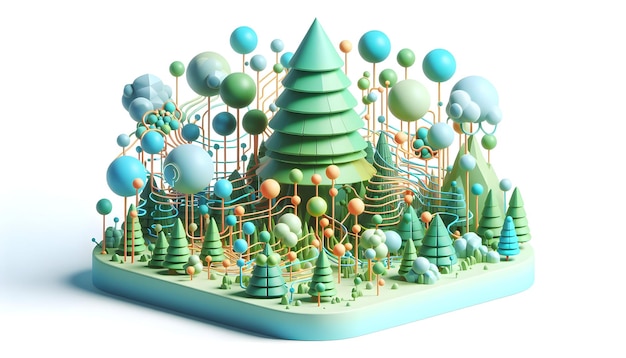 3D Icon Cybernetic Forest Glade A Networked Ecosystem in Digital Abstract Landscape Backdrop ID 1