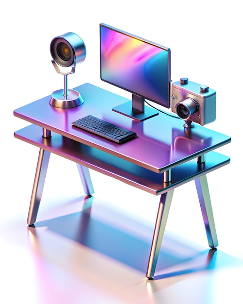 Photo 3d icon desk setup with glossy holographic elements concept as a modern desk setup with glossy holog