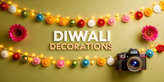 Photo 3d icon diwali garland and diwali decorations text isolated on white background concept as camera mo