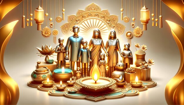 Photo 3d icon family celebrating diwali with a puja setup and glossy effects concept as camera movement pa