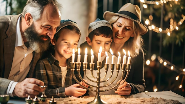 3D Icon of Family Lighting Menorah Candles Outdoors Candid Evening Celebration Scene for Hanukkah