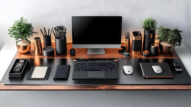 3D Icon Glossy Desk Setup with Laptop and Notebook concept as A photo of a glossy home office desk s