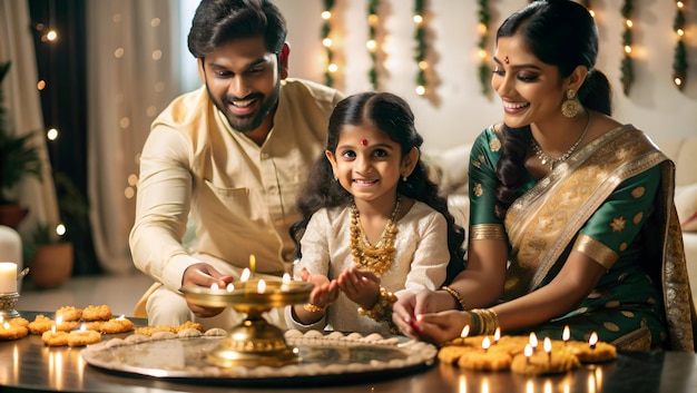 3D Icon Glossy image of a family performing Lakshmi Pooja for Dhanteras concept as Camera movement Z