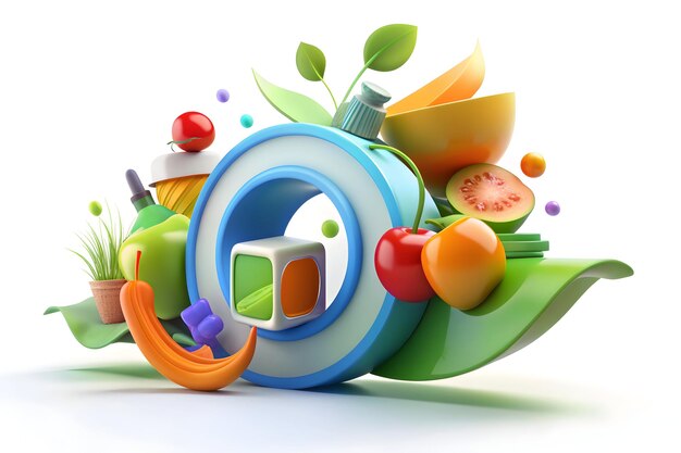 Photo 3d icon of healthy eating for world food day concept with abstract digital art and zoom camera movem