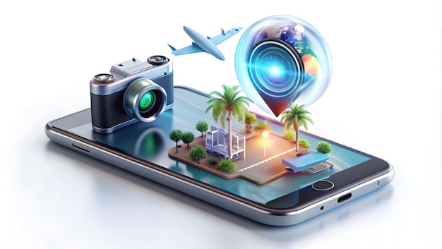 Photo 3d icon of mobile phone with holographic ai trip planner and vacation icons on white background