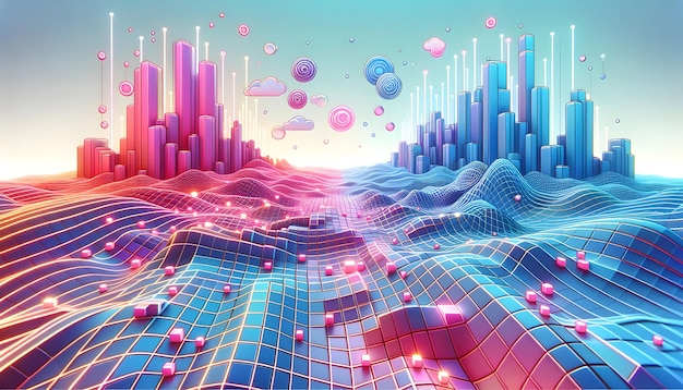 3D Icon Neon Grid Plains Bright Neon Grids Stretch Across the Plains of an Abstract Digital World