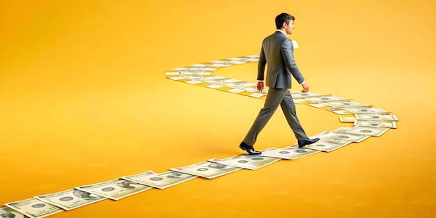 Photo 3d icon person walking on money path symbolizing journey to wealth clean white background for text