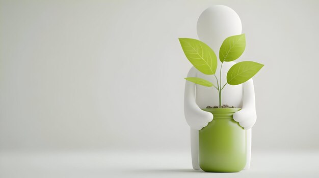 Photo 3d icon person with green savings jar and plant concept as a person holding a green savings jar and