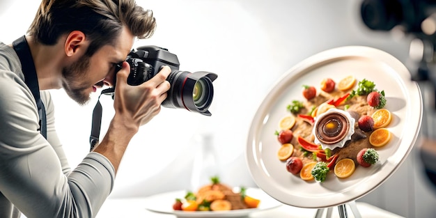 Photo 3d icon photographer capturing glossy food art for world food day concept in professional studio set