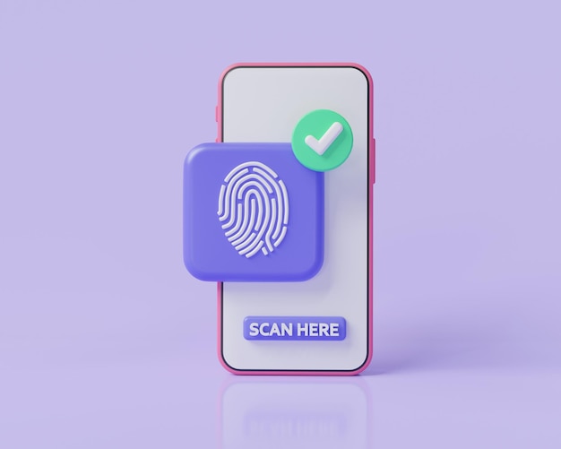 3d icon render illustration of fingerprint on pass scanning mobile phone cyber secure finger digital security personal privacy security scanning fingerprint Mobile data security concept