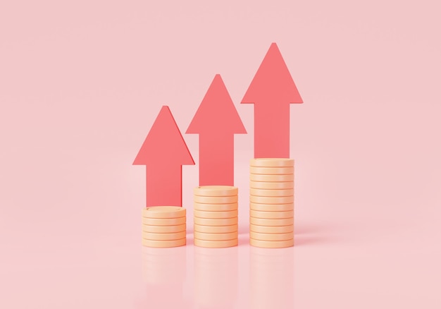 3d icon render illustration of Red up arrow and coin stacks Economic growth Financial success business money investment profit coin up cash Money growth concept cartoon minimal